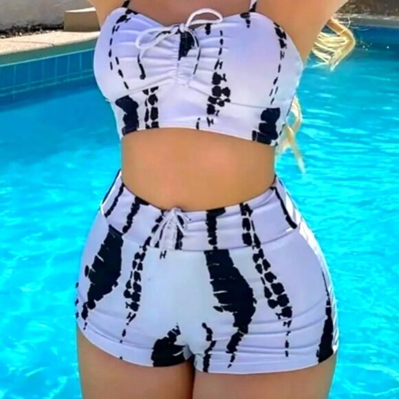 All Over Print Tie Front Boxer Short Bikini Swimsuit, Women's Swimwear sz large - Picture 9 of 15